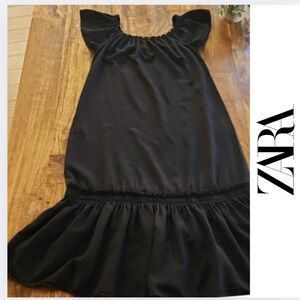 {ZARA} Linen-Blend Dress with Ruffle Details in BLACK XS